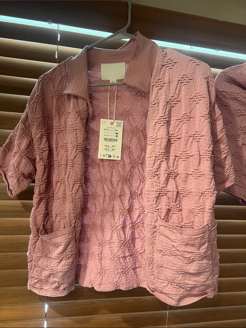 Zara Textured Pink Open-Front Short Sleeve Cardigan kids 13/14